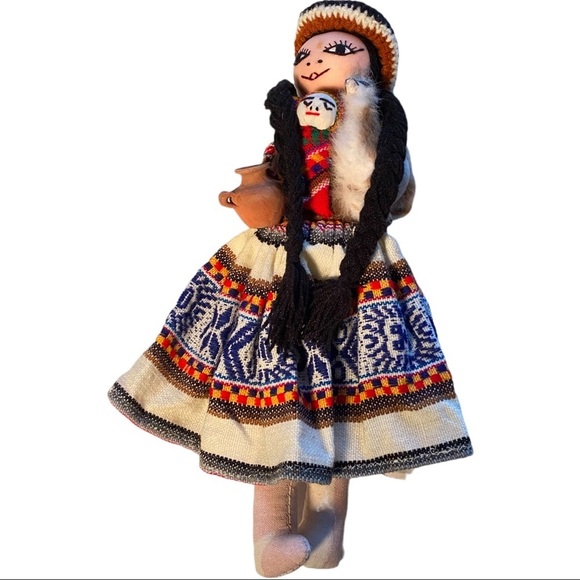 Vtg Handmade 15” Soft Body Native Woman Traditional Dress 3 Babies Terracotta